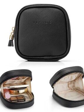 Small Waterproof Leather Makeup Bag Wide-Open Zipper Travel Cosmetic Pouch